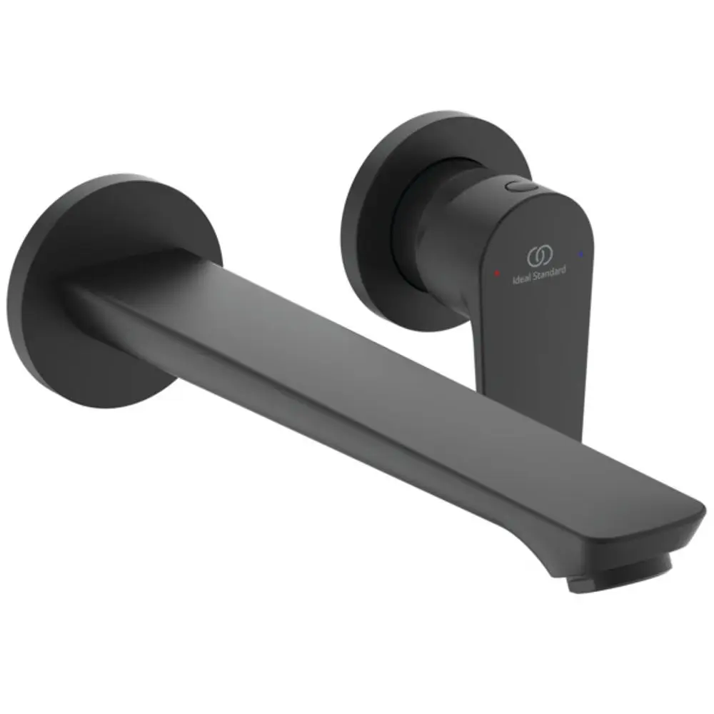 Wandarmatur in mattem Schwarz von Ideal Standard mit einem flachen Auslauf und runden Befestigungen. Die Steuerung erfolgt über einen prägnanten Bedienknopf.